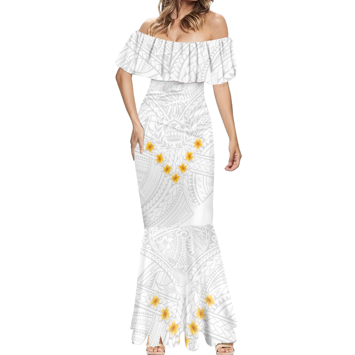 Tonga White Sunday Mermaid Dress Polynesian Plumeria Tribal Simple - Wonder Print Shop