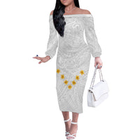 Tonga White Sunday Off The Shoulder Long Sleeve Dress Polynesian Plumeria Tribal Simple - Wonder Print Shop