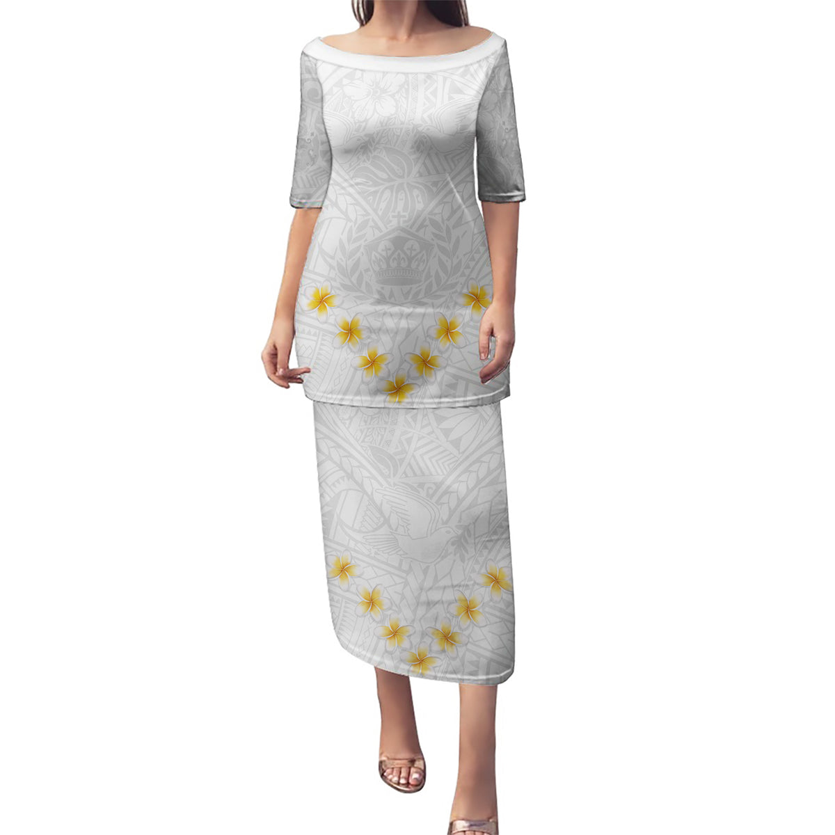 Tonga White Sunday Puletasi Polynesian Plumeria Tribal Simple - Wonder Print Shop