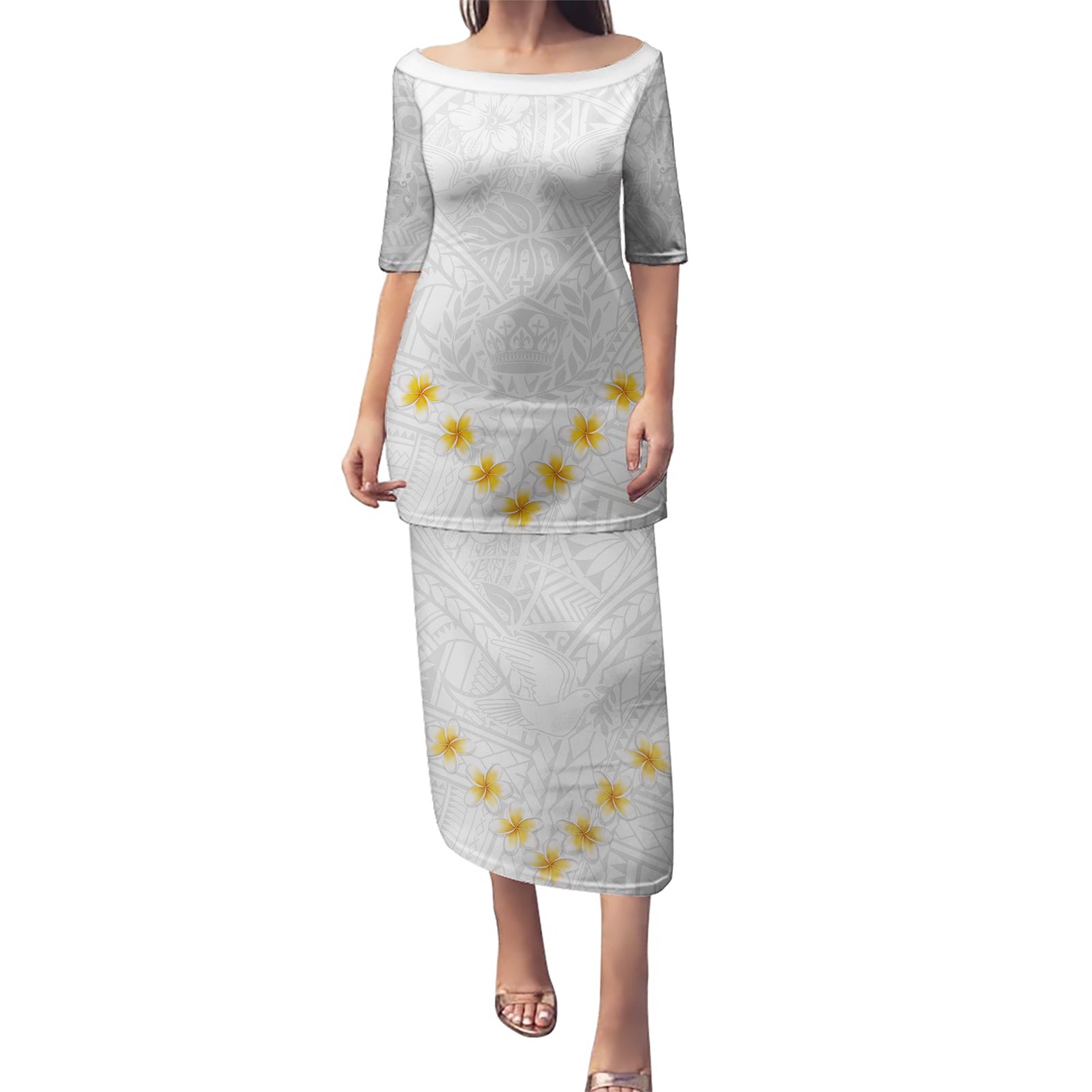 Tonga White Sunday Puletasi Polynesian Plumeria Tribal Simple - Wonder Print Shop