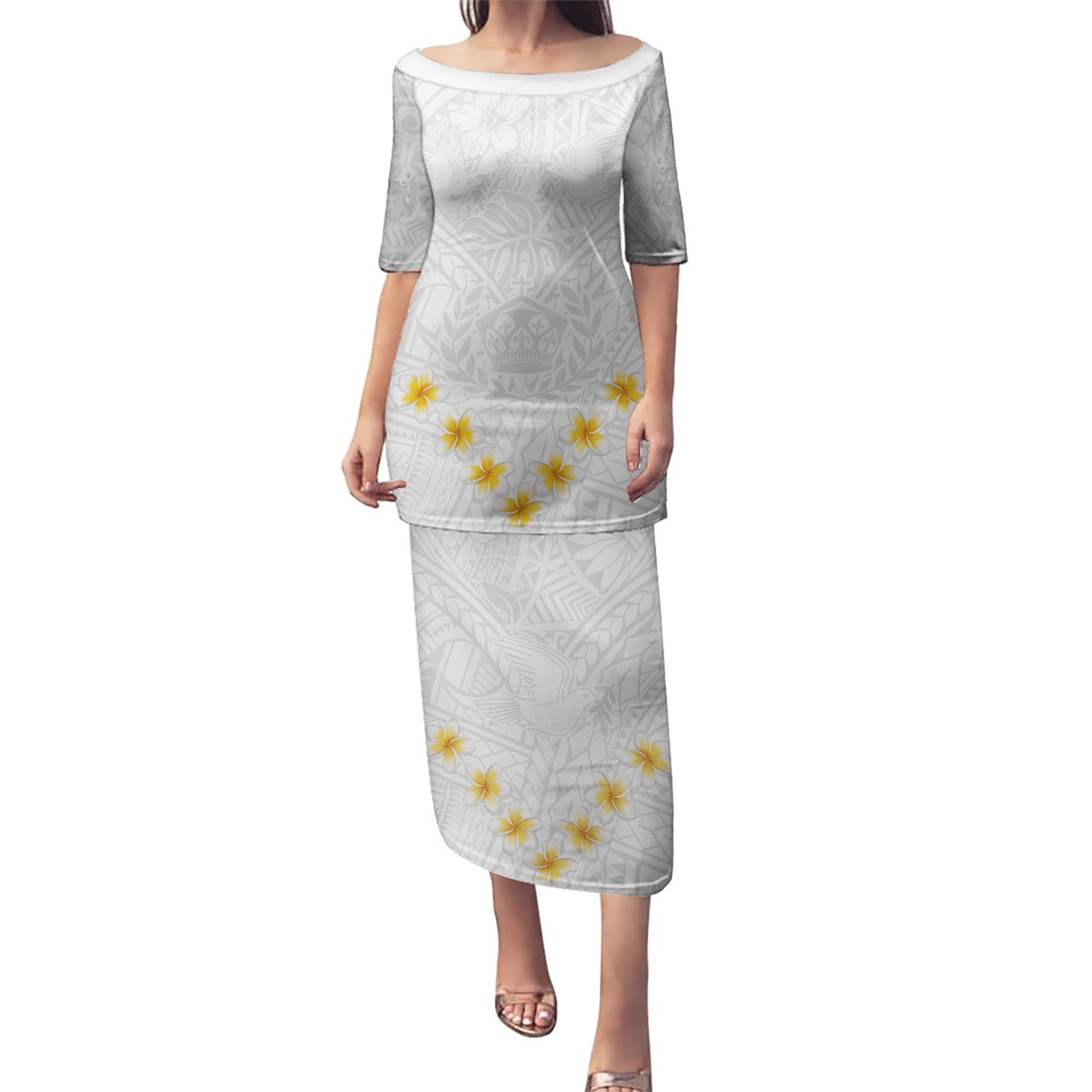 Tonga White Sunday Puletasi Polynesian Plumeria Tribal Simple - Wonder Print Shop