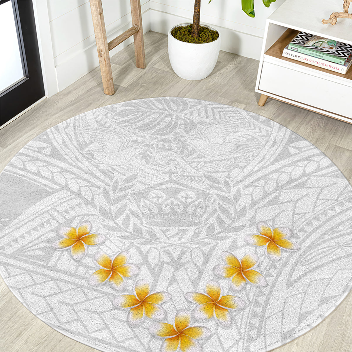 tonga-white-sunday-round-carpet-polynesian-plumeria-tribal-simple
