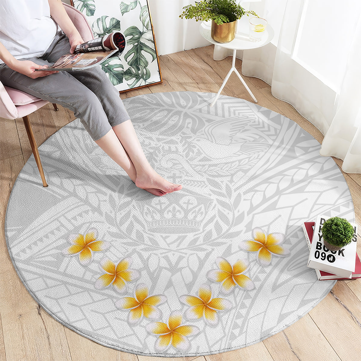 tonga-white-sunday-round-carpet-polynesian-plumeria-tribal-simple
