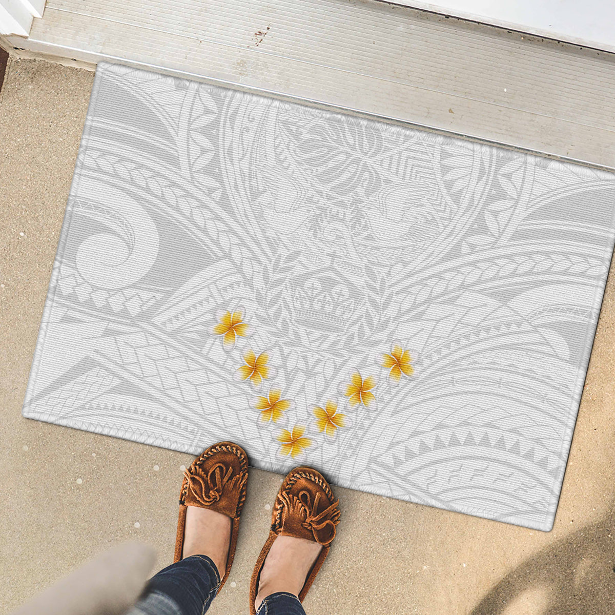 Tonga White Sunday Rubber Doormat Polynesian Plumeria Tribal Simple - Wonder Print Shop