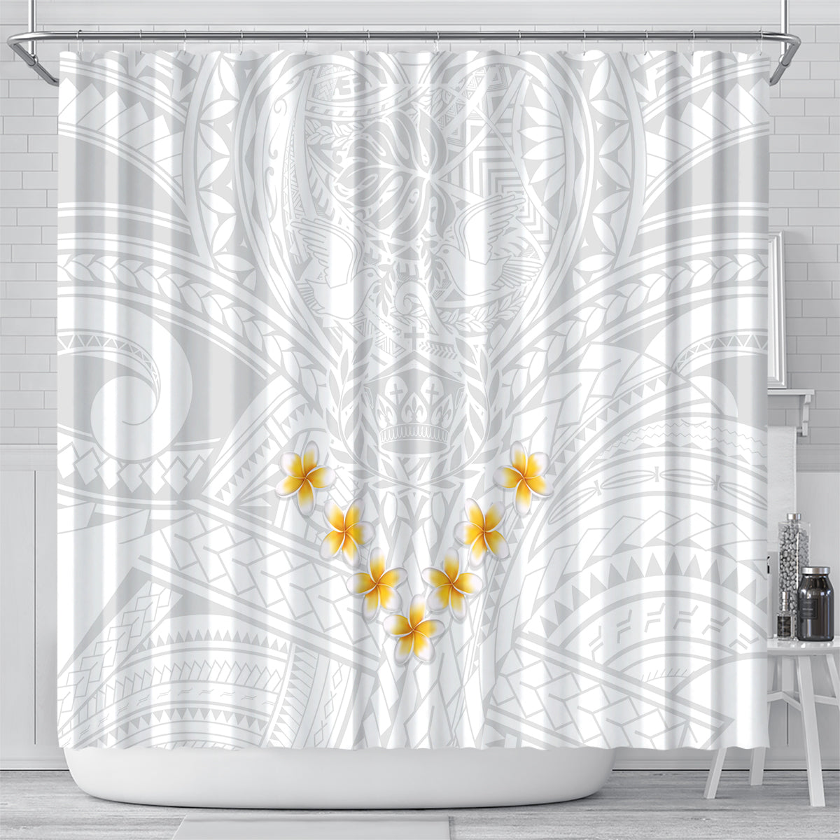 tonga-white-sunday-shower-curtain-polynesian-plumeria-tribal-simple