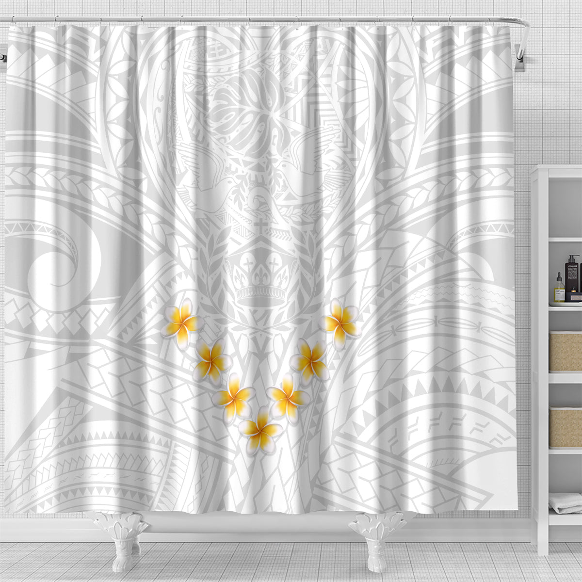 tonga-white-sunday-shower-curtain-polynesian-plumeria-tribal-simple