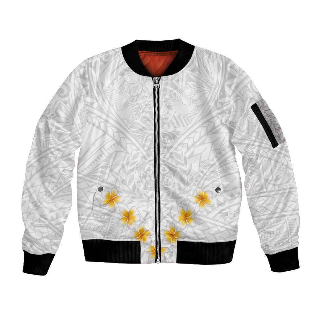Tonga White Sunday Sleeve Zip Bomber Jacket Polynesian Plumeria Tribal Simple - Wonder Print Shop