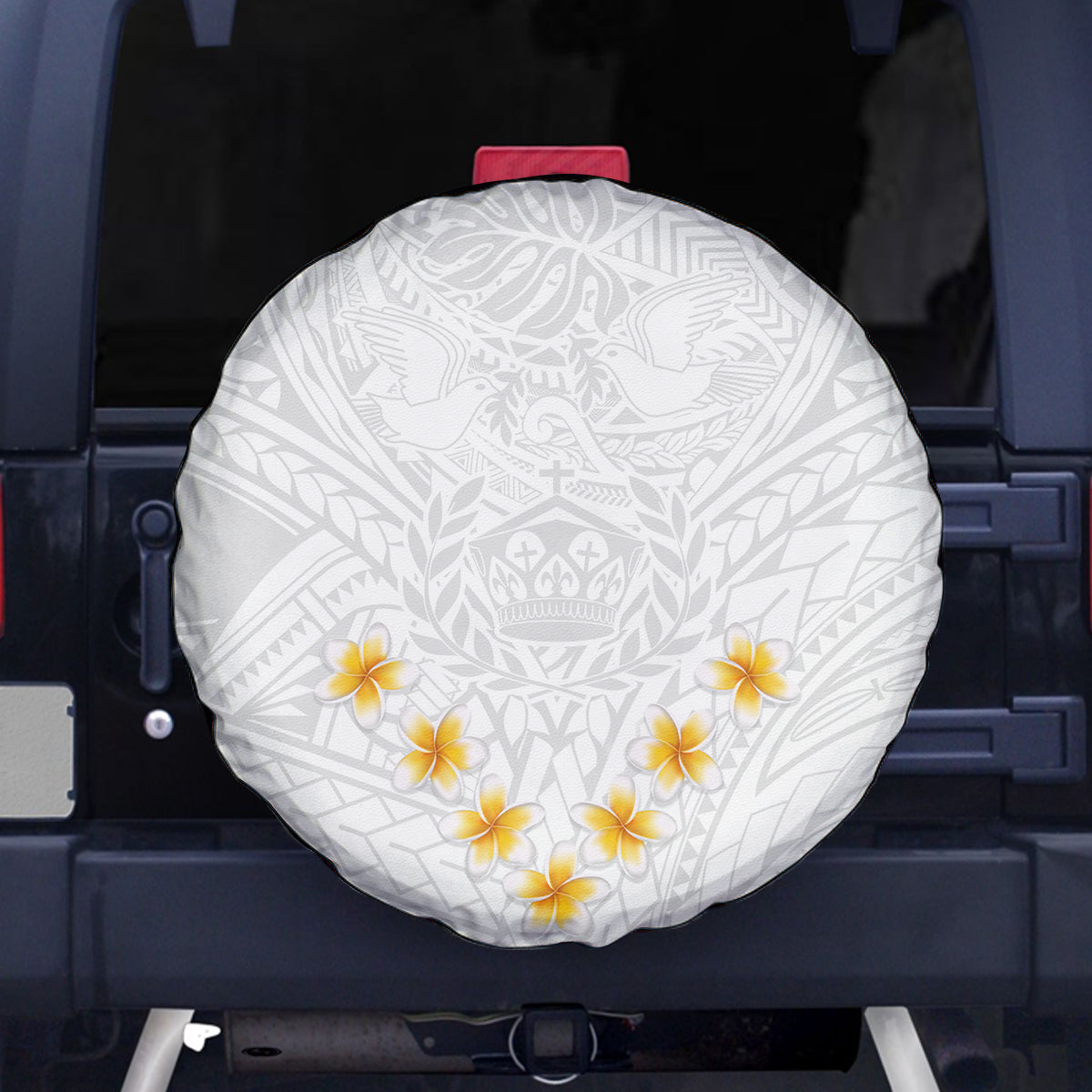 Tonga White Sunday Spare Tire Cover Polynesian Plumeria Tribal Simple - Wonder Print Shop