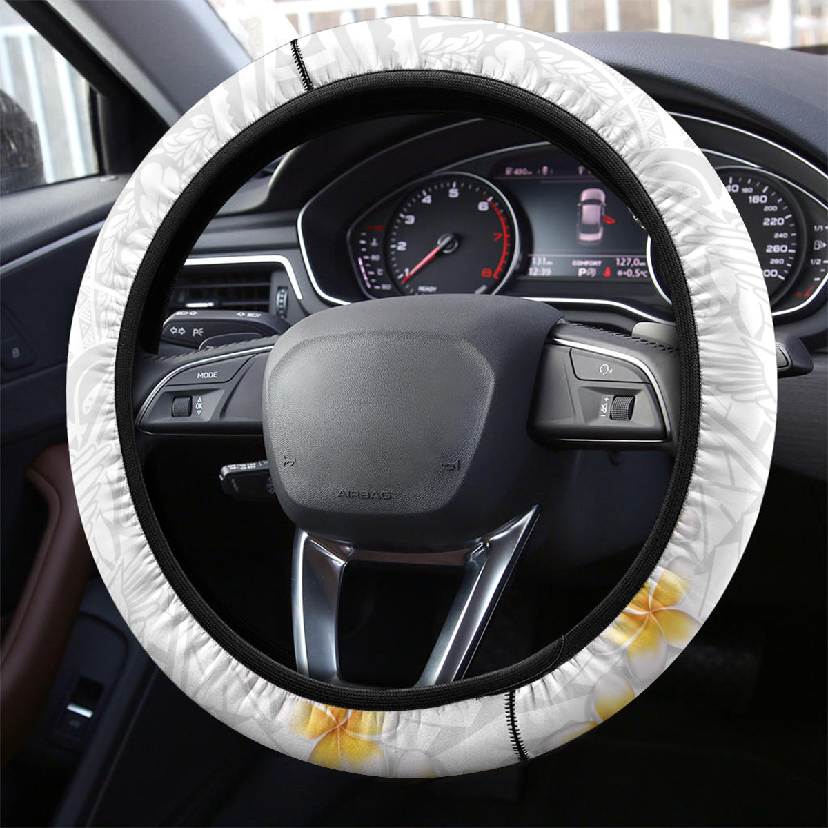 Tonga White Sunday Steering Wheel Cover Polynesian Plumeria Tribal Simple - Wonder Print Shop