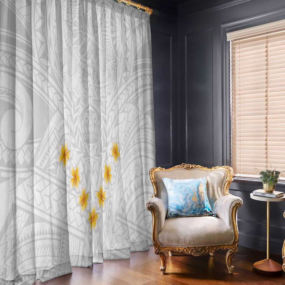 Tonga White Sunday Window Curtain Polynesian Plumeria Tribal Simple - Wonder Print Shop