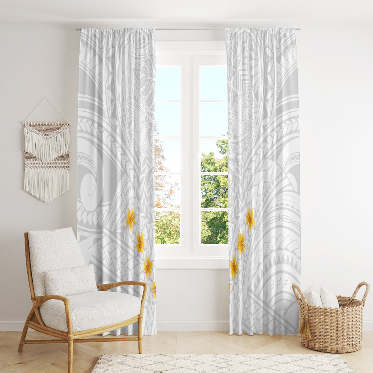 Tonga White Sunday Window Curtain Polynesian Plumeria Tribal Simple - Wonder Print Shop