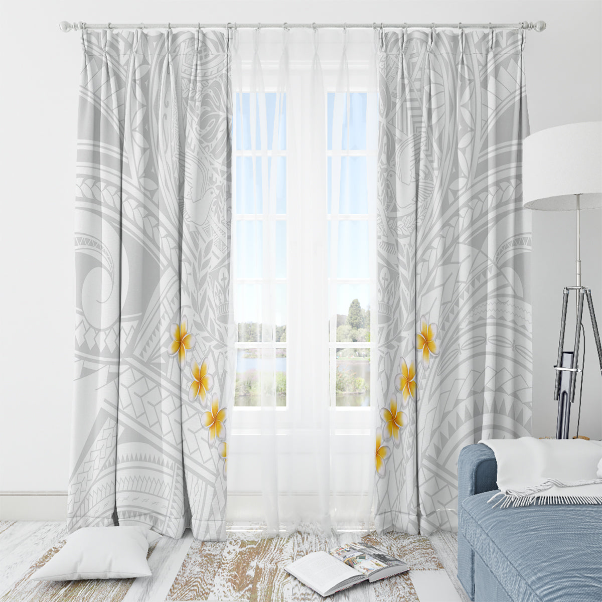 Tonga White Sunday Window Curtain Polynesian Plumeria Tribal Simple - Wonder Print Shop