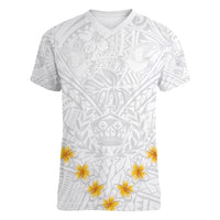 Tonga White Sunday Women V Neck T Shirt Polynesian Plumeria Tribal Simple - Wonder Print Shop