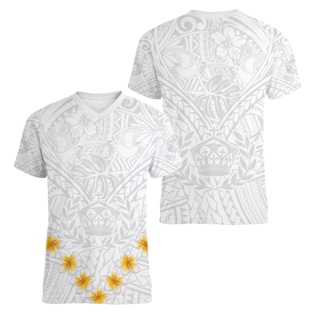 Tonga White Sunday Women V Neck T Shirt Polynesian Plumeria Tribal Simple - Wonder Print Shop