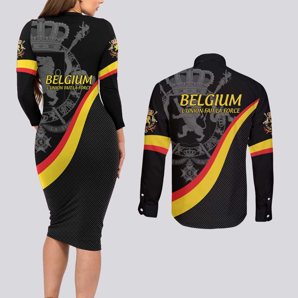 Belgium Leo Belgicus Couples Matching Long Sleeve Bodycon Dress and Long Sleeve Button Shirt