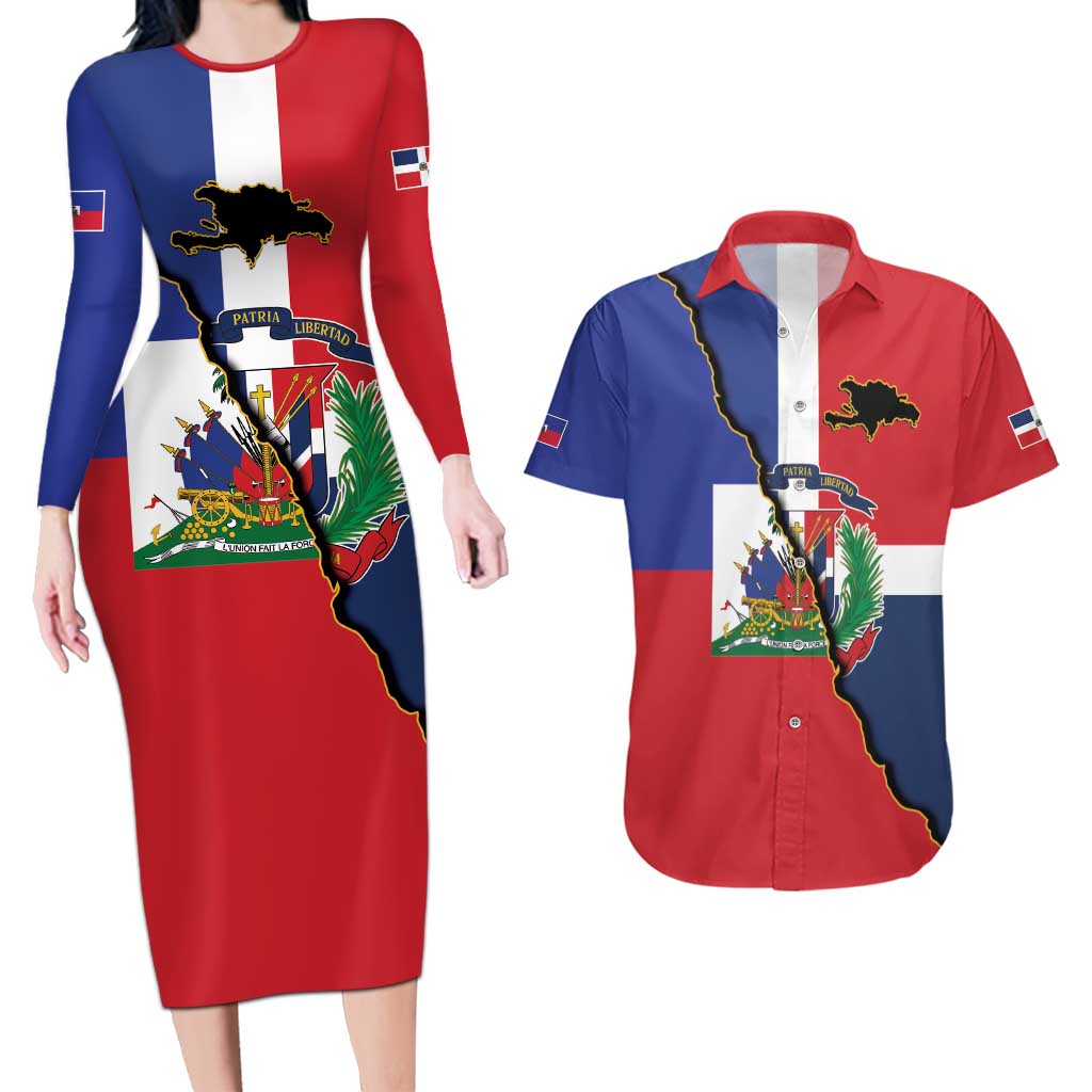 Hispaniola Personalized Couples Matching Long Sleeve Bodycon Dress and Hawaiian Shirt Dominican Republic Haiti Flag Together