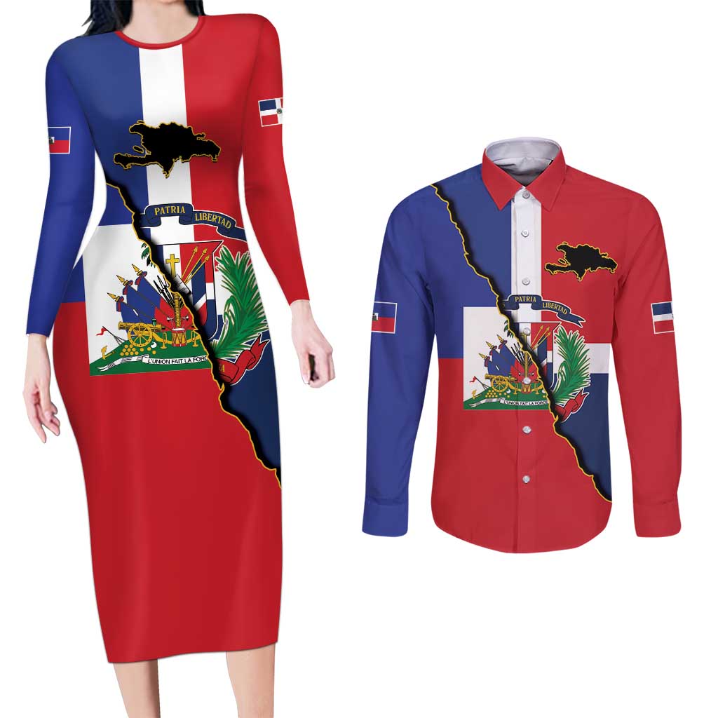 Hispaniola Personalized Couples Matching Long Sleeve Bodycon Dress and Long Sleeve Button Shirt Dominican Republic Haiti Flag Together
