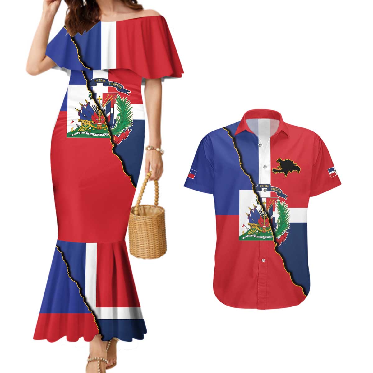 Hispaniola Personalized Couples Matching Mermaid Dress and Hawaiian Shirt Dominican Republic Haiti Flag Together