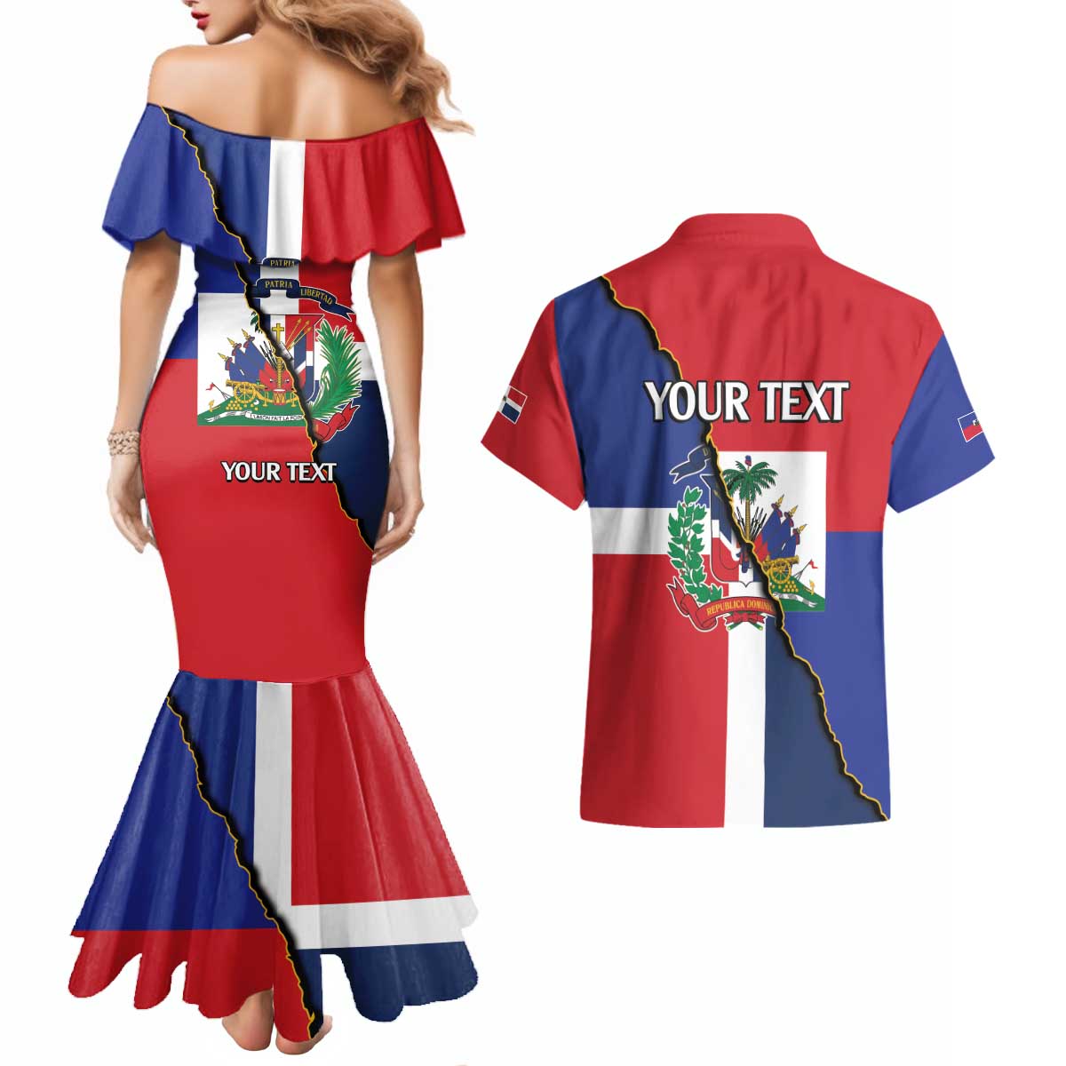 Hispaniola Personalized Couples Matching Mermaid Dress and Hawaiian Shirt Dominican Republic Haiti Flag Together