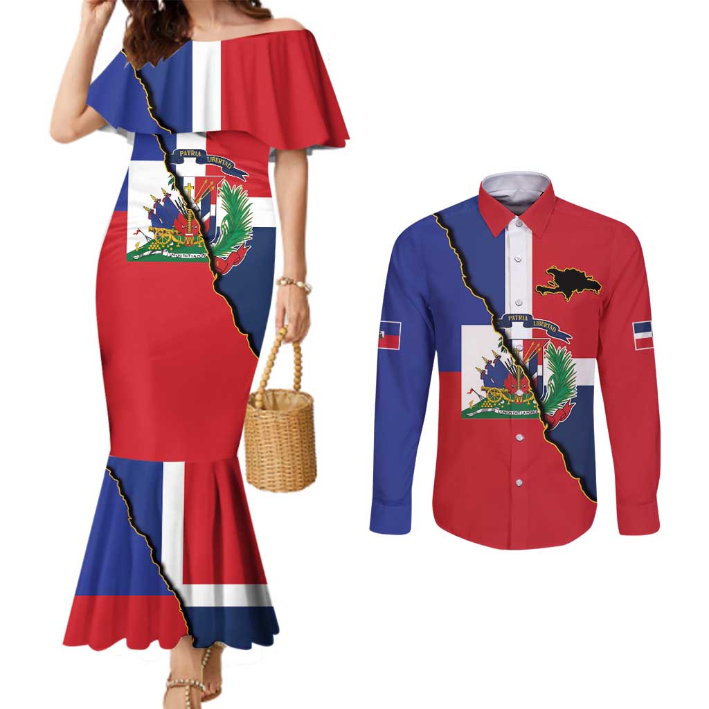 Hispaniola Personalized Couples Matching Mermaid Dress and Long Sleeve Button Shirt Dominican Republic Haiti Flag Together