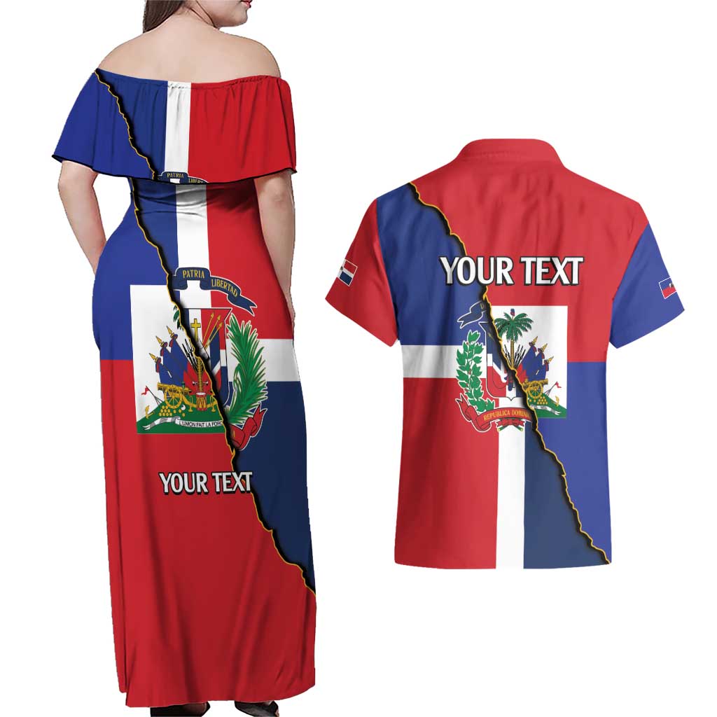 Hispaniola Personalized Couples Matching Off Shoulder Maxi Dress and Hawaiian Shirt Dominican Republic Haiti Flag Together