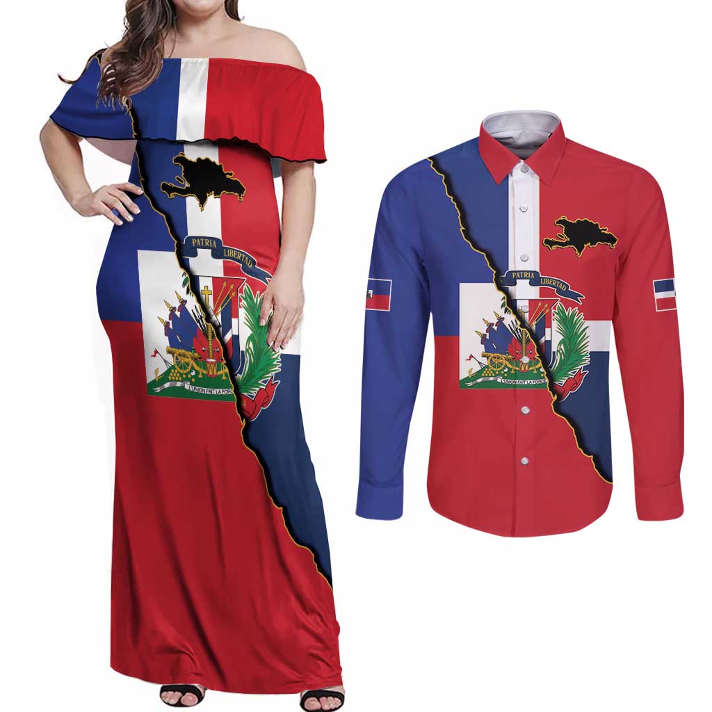 Hispaniola Personalized Couples Matching Off Shoulder Maxi Dress and Long Sleeve Button Shirt Dominican Republic Haiti Flag Together