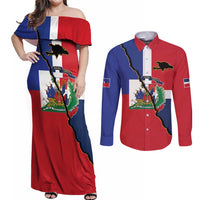 Hispaniola Personalized Couples Matching Off Shoulder Maxi Dress and Long Sleeve Button Shirt Dominican Republic Haiti Flag Together
