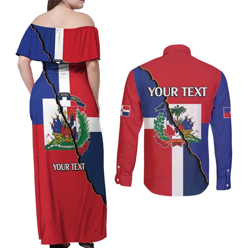 Hispaniola Personalized Couples Matching Off Shoulder Maxi Dress and Long Sleeve Button Shirt Dominican Republic Haiti Flag Together