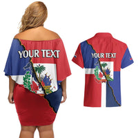 Hispaniola Personalized Couples Matching Off Shoulder Short Dress and Hawaiian Shirt Dominican Republic Haiti Flag Together