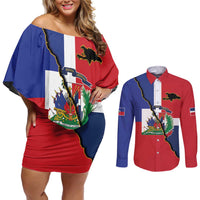 Hispaniola Personalized Couples Matching Off Shoulder Short Dress and Long Sleeve Button Shirt Dominican Republic Haiti Flag Together