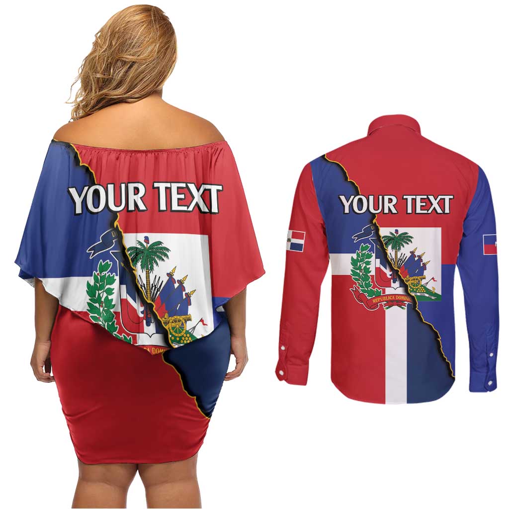 Hispaniola Personalized Couples Matching Off Shoulder Short Dress and Long Sleeve Button Shirt Dominican Republic Haiti Flag Together