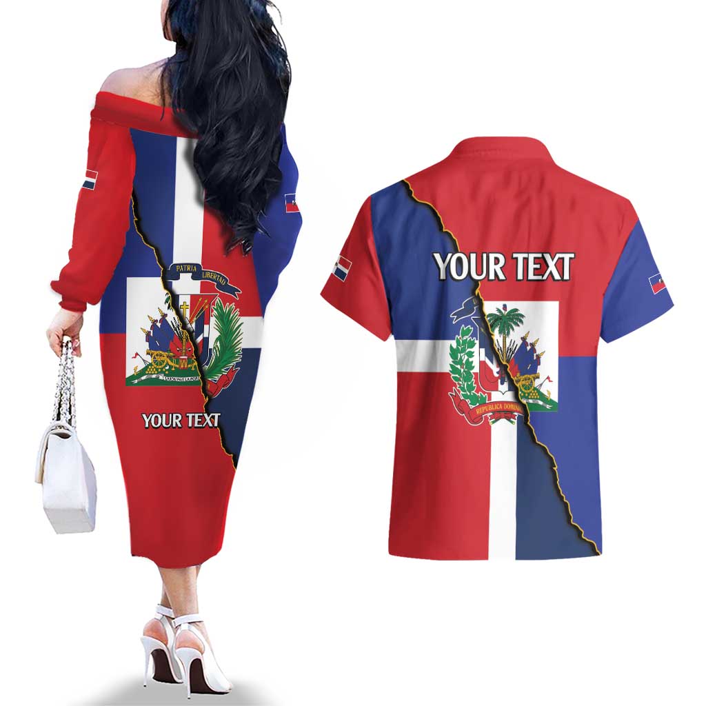 Hispaniola Personalized Couples Matching Off The Shoulder Long Sleeve Dress and Hawaiian Shirt Dominican Republic Haiti Flag Together