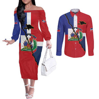 Hispaniola Personalized Couples Matching Off The Shoulder Long Sleeve Dress and Long Sleeve Button Shirt Dominican Republic Haiti Flag Together