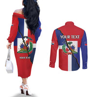Hispaniola Personalized Couples Matching Off The Shoulder Long Sleeve Dress and Long Sleeve Button Shirt Dominican Republic Haiti Flag Together