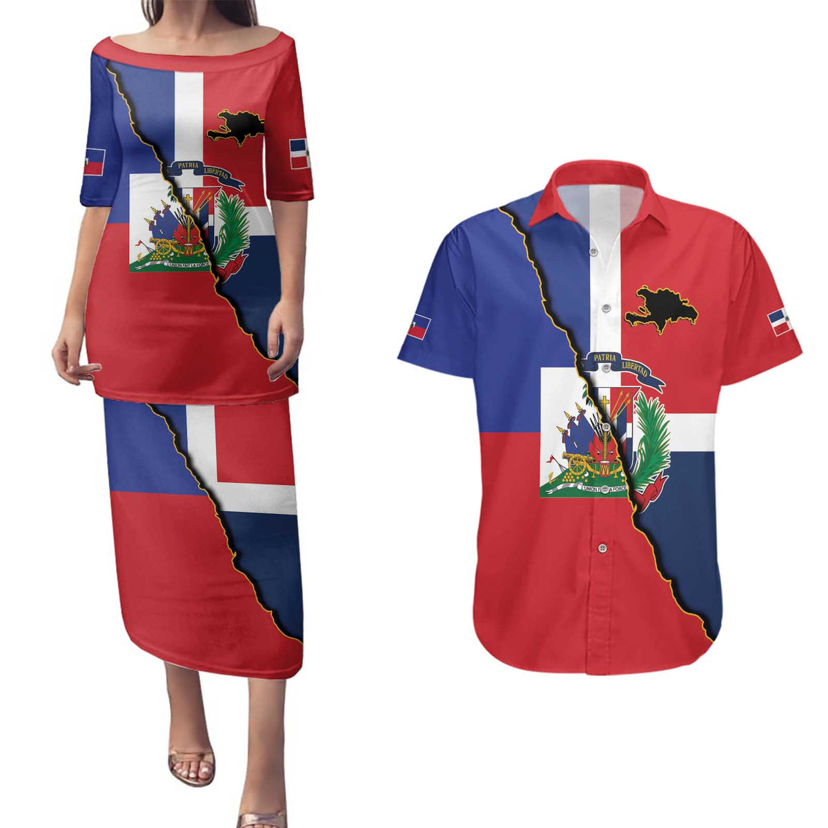 Hispaniola Personalized Couples Matching Puletasi and Hawaiian Shirt Dominican Republic Haiti Flag Together