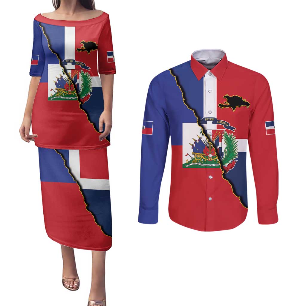 Hispaniola Personalized Couples Matching Puletasi and Long Sleeve Button Shirt Dominican Republic Haiti Flag Together