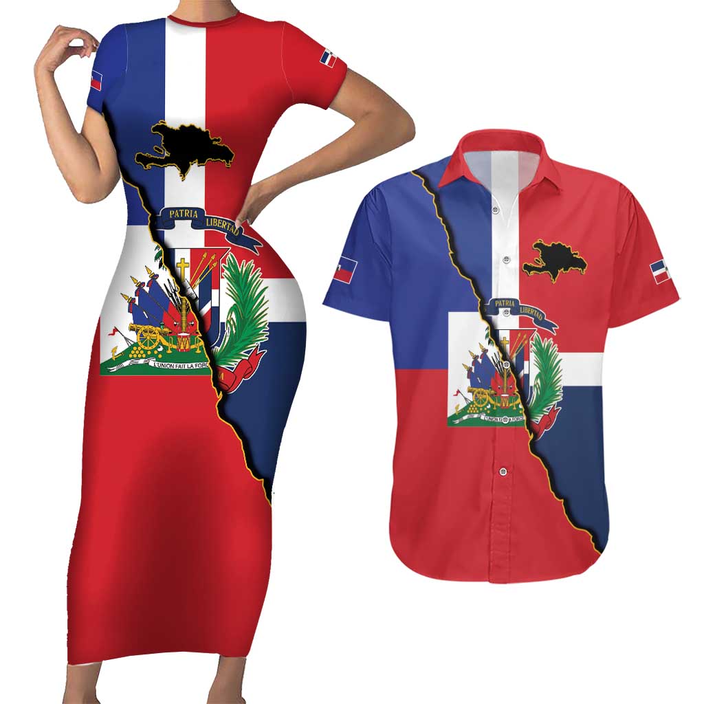 Hispaniola Personalized Couples Matching Short Sleeve Bodycon Dress and Hawaiian Shirt Dominican Republic Haiti Flag Together