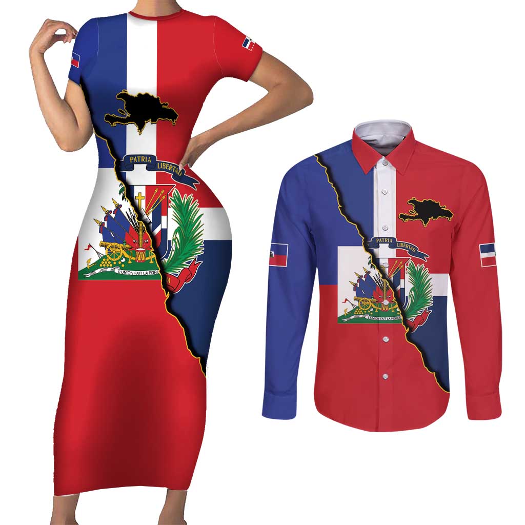 Hispaniola Personalized Couples Matching Short Sleeve Bodycon Dress and Long Sleeve Button Shirt Dominican Republic Haiti Flag Together