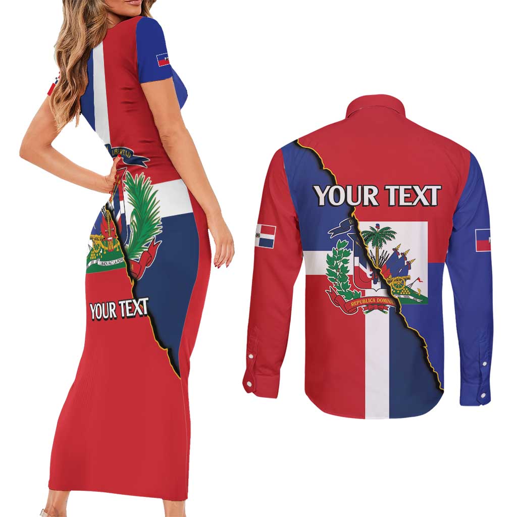 Hispaniola Personalized Couples Matching Short Sleeve Bodycon Dress and Long Sleeve Button Shirt Dominican Republic Haiti Flag Together