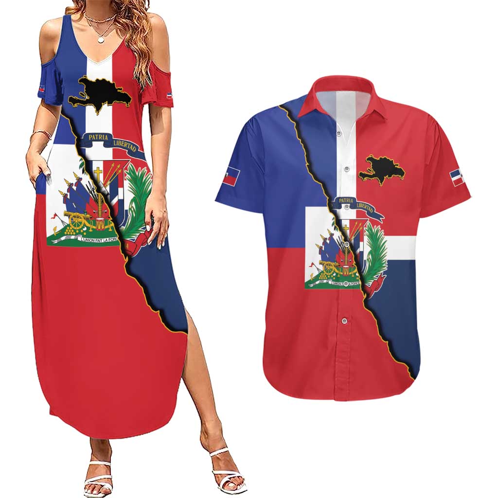 Hispaniola Personalized Couples Matching Summer Maxi Dress and Hawaiian Shirt Dominican Republic Haiti Flag Together