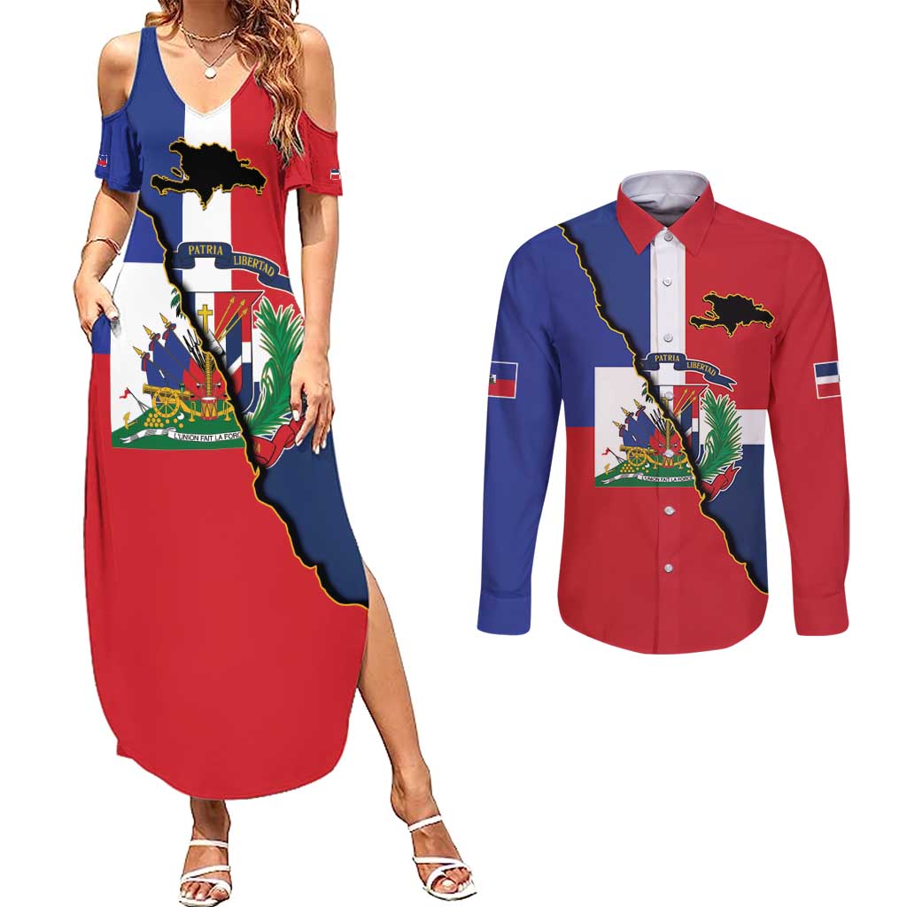 Hispaniola Personalized Couples Matching Summer Maxi Dress and Long Sleeve Button Shirt Dominican Republic Haiti Flag Together