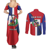 Hispaniola Personalized Couples Matching Summer Maxi Dress and Long Sleeve Button Shirt Dominican Republic Haiti Flag Together