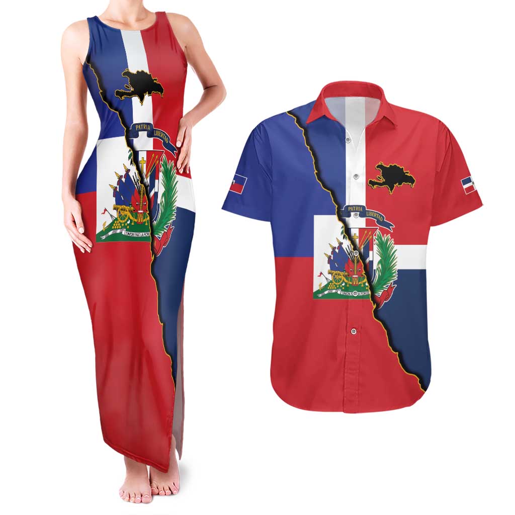 Hispaniola Personalized Couples Matching Tank Maxi Dress and Hawaiian Shirt Dominican Republic Haiti Flag Together