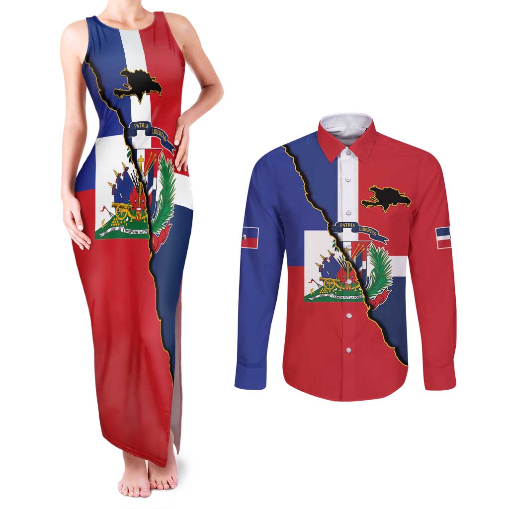 Hispaniola Personalized Couples Matching Tank Maxi Dress and Long Sleeve Button Shirt Dominican Republic Haiti Flag Together
