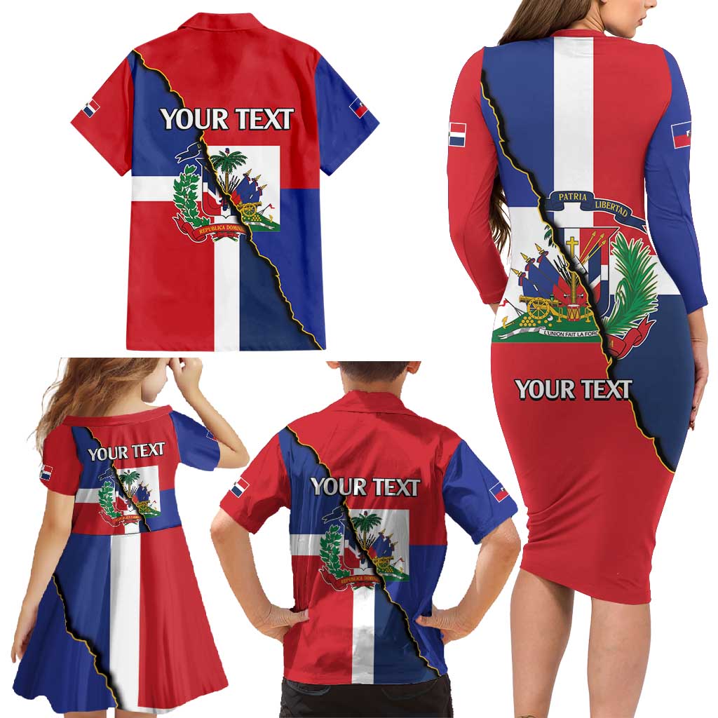 Hispaniola Personalized Family Matching Long Sleeve Bodycon Dress and Hawaiian Shirt Dominican Republic Haiti Flag Together
