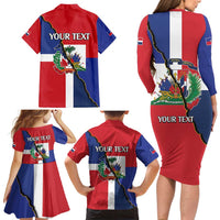 Hispaniola Personalized Family Matching Long Sleeve Bodycon Dress and Hawaiian Shirt Dominican Republic Haiti Flag Together