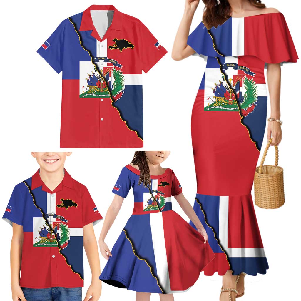Hispaniola Personalized Family Matching Mermaid Dress and Hawaiian Shirt Dominican Republic Haiti Flag Together