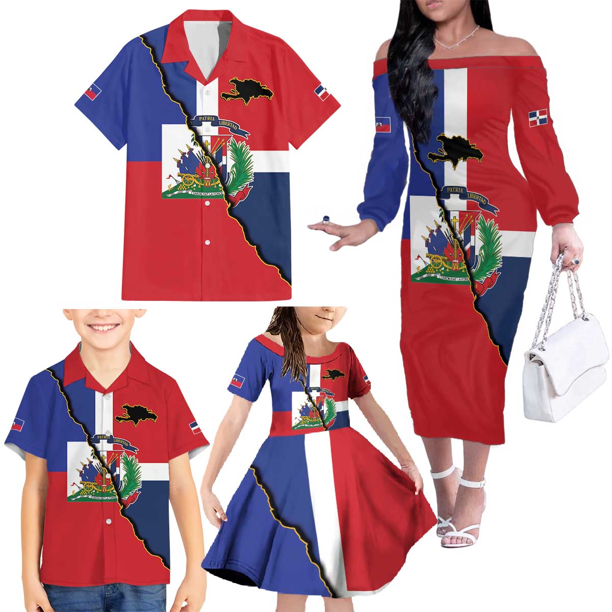 Hispaniola Personalized Family Matching Off The Shoulder Long Sleeve Dress and Hawaiian Shirt Dominican Republic Haiti Flag Together