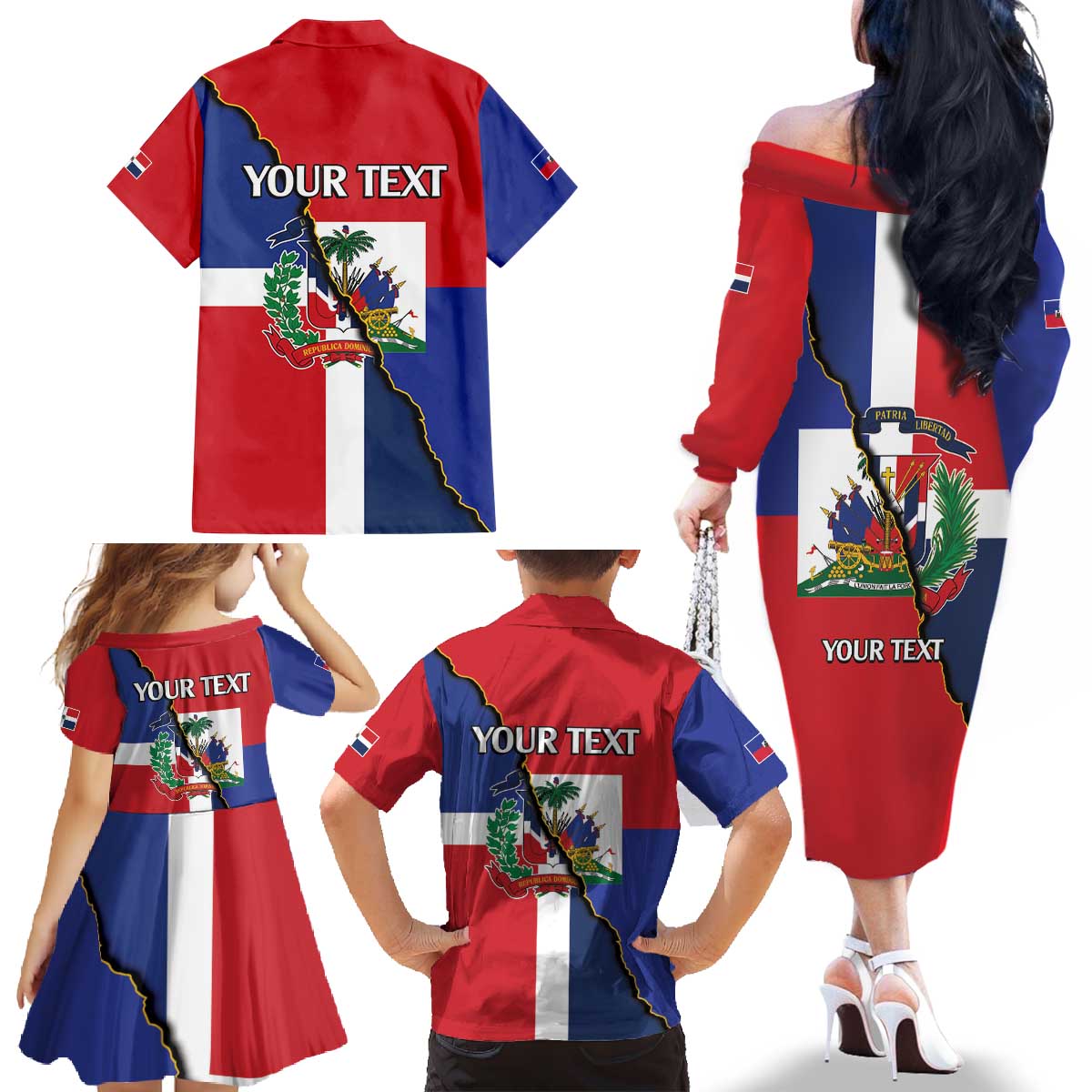 Hispaniola Personalized Family Matching Off The Shoulder Long Sleeve Dress and Hawaiian Shirt Dominican Republic Haiti Flag Together