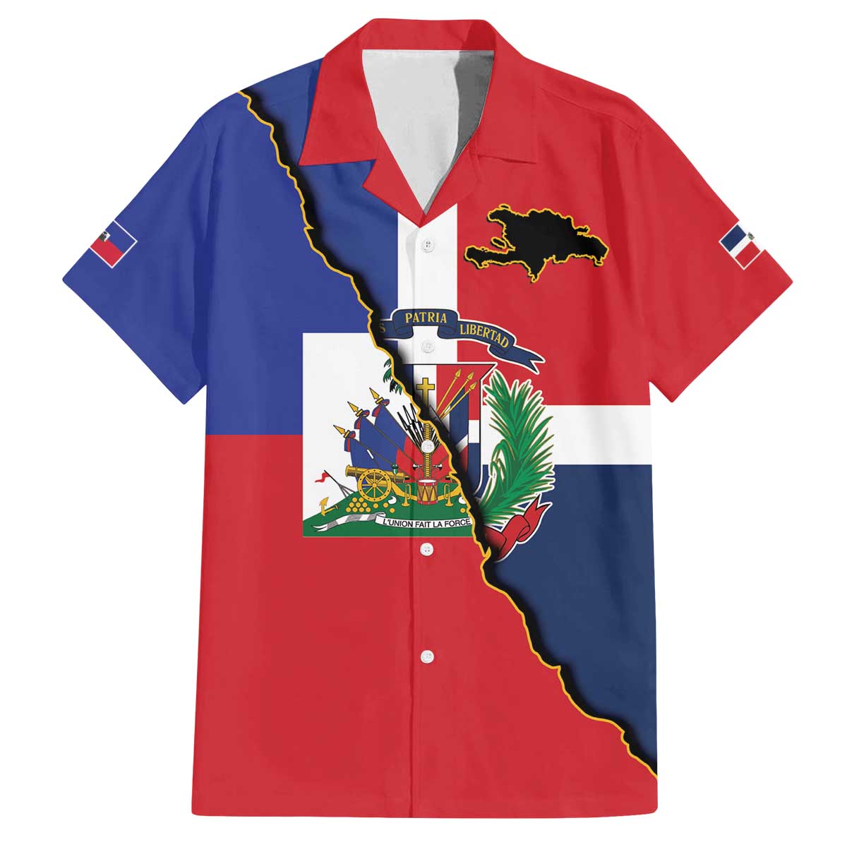 Hispaniola Personalized Family Matching Off The Shoulder Long Sleeve Dress and Hawaiian Shirt Dominican Republic Haiti Flag Together